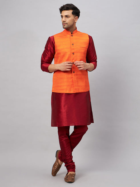 Vastramay Men's Orange Matka Silk Nehru Jacket With Maroon Silk Blend Kurta Pyjama Set